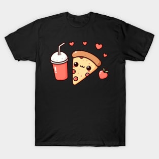 Pepperoni Pizza Slice with Milkshake and Hearts | Kawaii Style Food Art T-Shirt